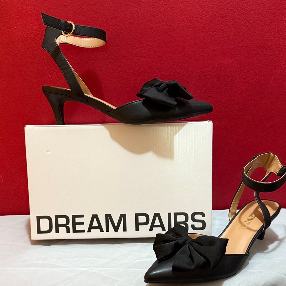Dream Pairs Black Heels with Ankle Strap and Bow